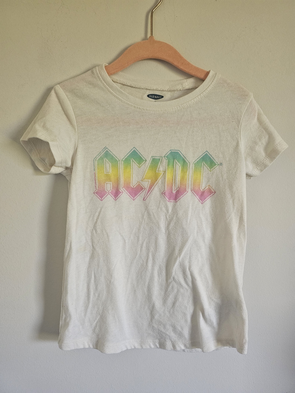 Old Navy White Kids Short Sleeve Tee with Pastel Rainbow AC/DC Logo